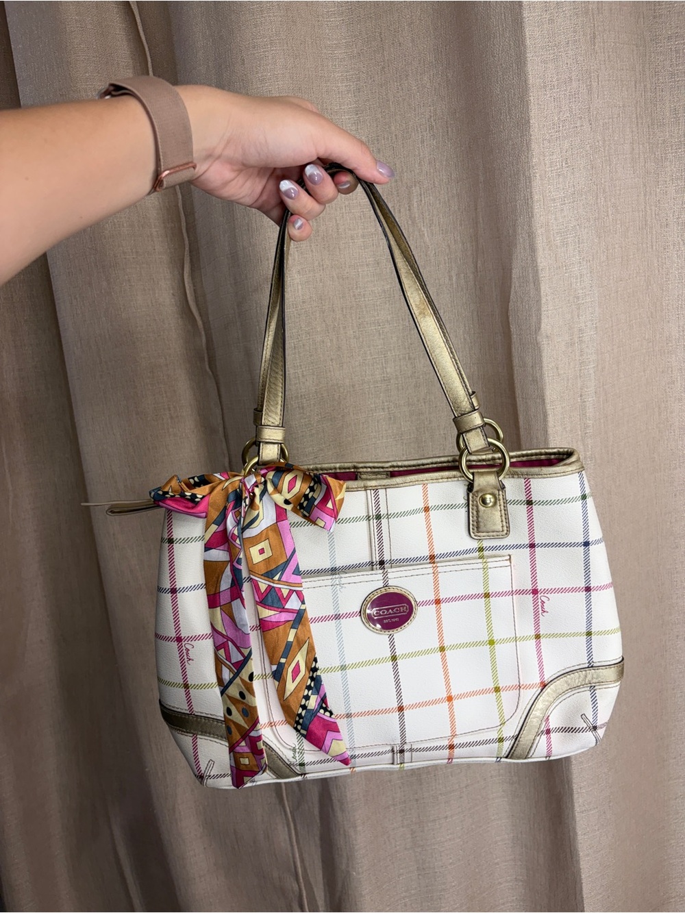 Coach White Plaid Shoulder Bag with Gold Handles and Multicolor Scarf